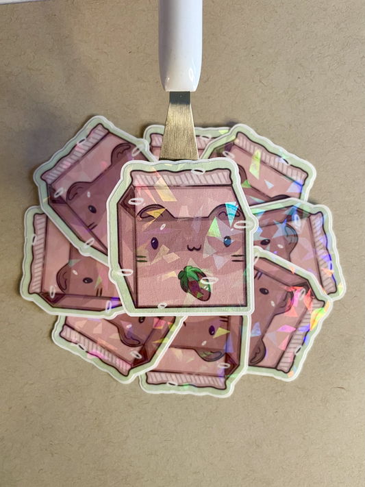 Strawberry Cat Holographic Sticker | Water Resistant