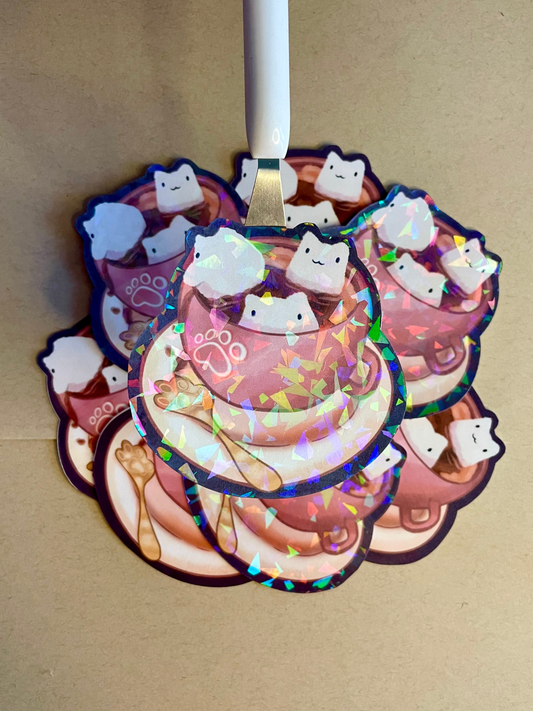Kawaii Cat Cafe Holographic Sticker | Water Resistant